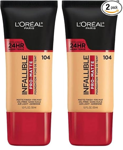 L'Oreal Paris Infallible Pro-Matte Foundation, Golden Beige [104] 1 oz (Pack of 2)