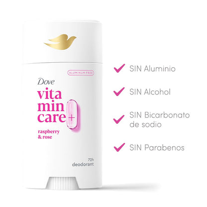 Dove VitaminCare+ Aluminum Free Deodorant Stick for 72H Odor Protection Raspberry & Rose Breathable Deodorant for Women 2.6 oz