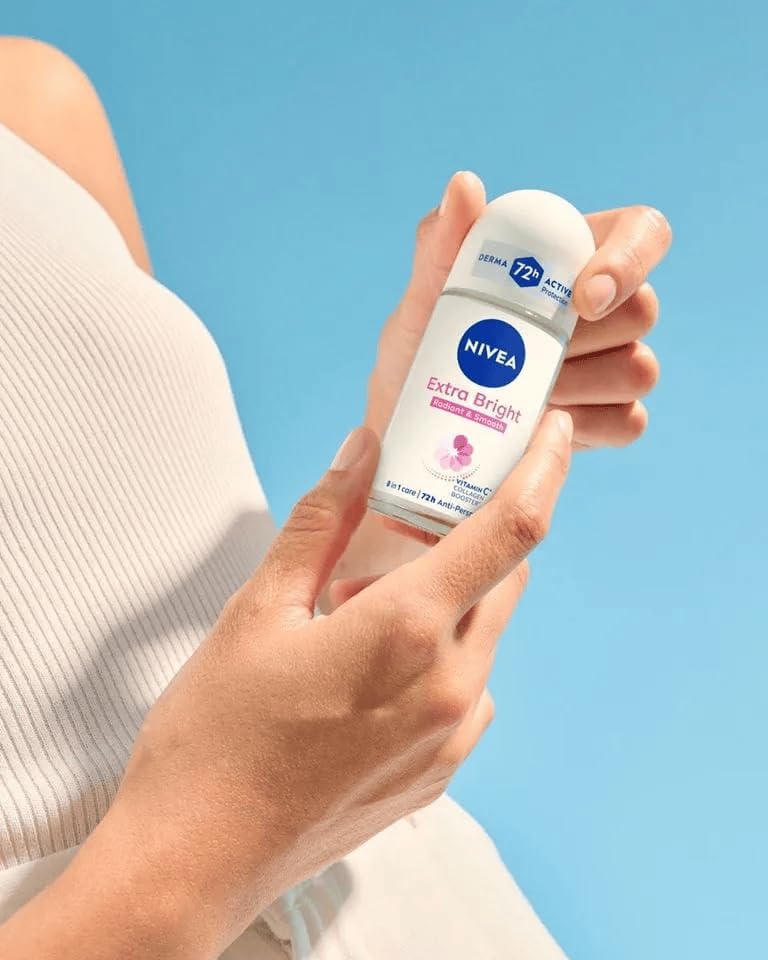 NIVEA Extra Bright 8 Super Food Vitamin C Collagen Booster Underarm Roll-On Deodorant, Alcohol-Free, 72HR Odor Protection, Smooth & Bright Skin, 50ml, 1.69oz, Pack of 3