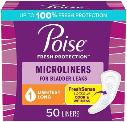 Healthy Surplus Poise Microliners, Longest Length - Incontinence 1 Drop Lightest Absorbency, 50 Count (2 Pack - Total of 100 Liners) and Vital Volumes Skin Care Basics Tips Card | Bundle (100 Liners)
