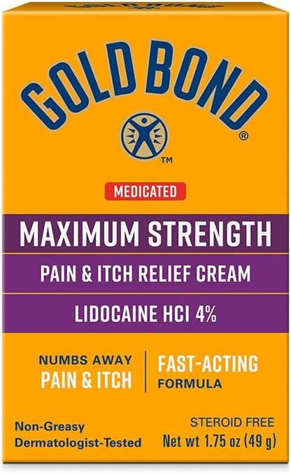 Gold Bond Medicated Maximum Strength Pain & Itch Relief Cream, Lidocaine | Maximum Strength Itch Relief, 4% Lidoaince, Numbs Away Pain & Itch, Non-Greasy, Dermatologist tested, travel size