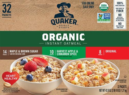 QUAKER Instant Oatmeal, USDA Organic, Non-GMO Project Verified, 3 Flavor Variety Pack, Individual Packets, 32 Count (Pack of 2)