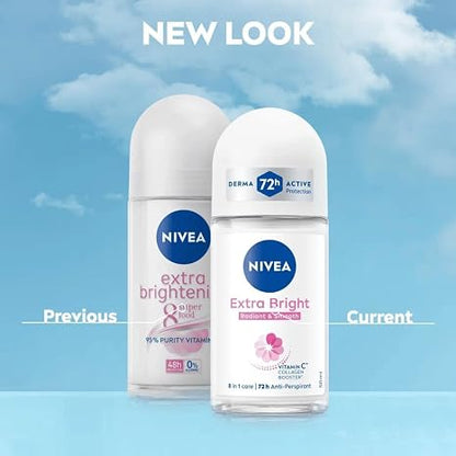NIVEA Extra Brightening Flavor, Roll-On Deodorant, Alcohol-Free, 48HR Odor Protection, 50ml, 1.69oz, Pack of 3