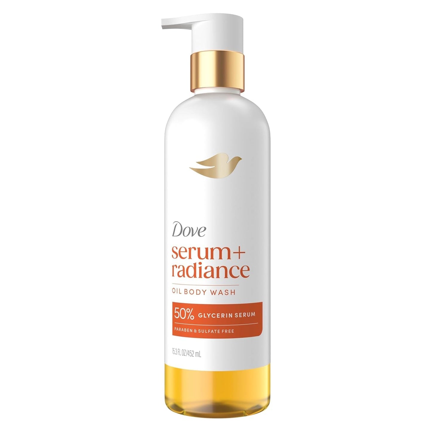 Dove Serum+ Shower Oil Body Wash Radiance, Jojoba & Monoi Flower, 15.3 fl oz I Hydrating shower oil body wash with glycerin serum for soft, radiant skin without greasy residue.