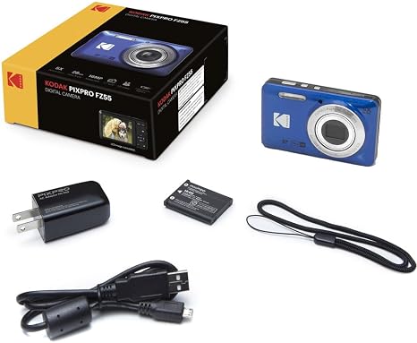Kodak PIXPRO FZ55 Digital Camera, 16MP Compact Point & Shoot, 5X Optical Zoom, 28mm Wide Angle Lens, 1080P HD Video, Blue + 64GB SD Card, Case, Selfie Stick, Mini Tripod & USB Card Reader