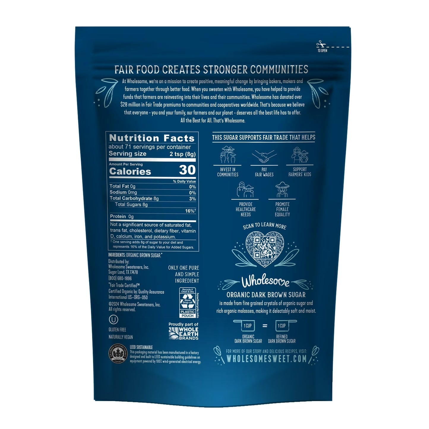 Wholesome Organic Fair Trade Dark Brown Sugar, 20oz Resealable Pouch, Great for Baking & Sweetening