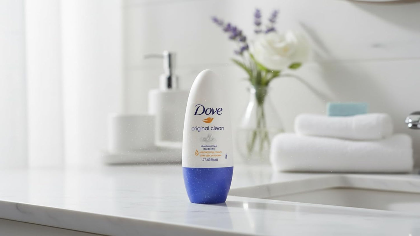 Dove Original Clean Roll On Deodorant, Aluminum Free, All Day Odor Protection, 4-Pack, 1.7 FL Oz Each, 4 Bottles