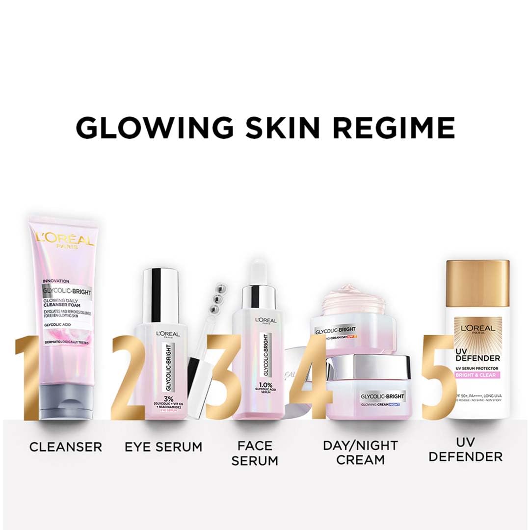 L'Oreal Paris Brightening Serum, 1% Glycolic Acid, 2% Niacinamide Serum, Visibly Minimizes Spots, Reveals Even Skin Tone, Glycolic Bright Skin, 15ml (0.52 oz)