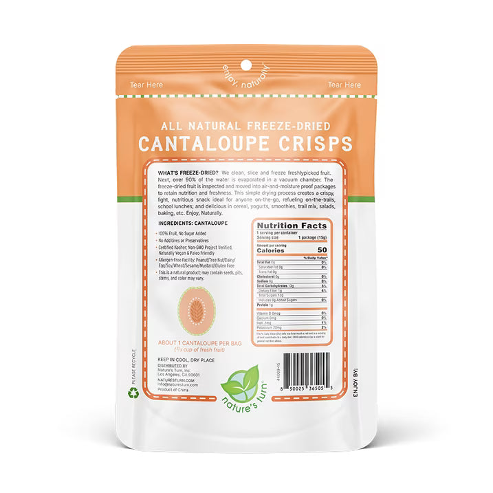 Nature’s Turn Freeze-Dried Cantaloupe Crisps, No Added Sugar, Healthy Natural Fruit Crisp Snack for School Lunches, 6 Pack (0.53 oz Each)