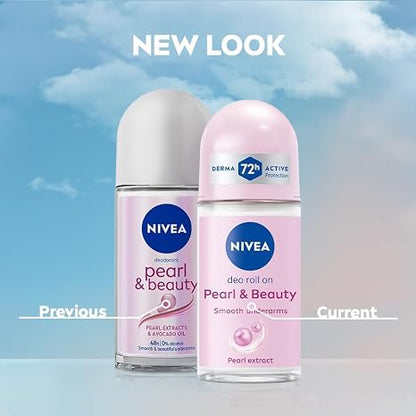 NIVEA Pearl & Beauty Roll On Deodorant for Women, 50ml (Pack of 6) | 72H Sweat & Odor Protection | Pearl Extract & Avocado Oil | 0% Ethyl Alcohol | Antiperspirant Roll-On