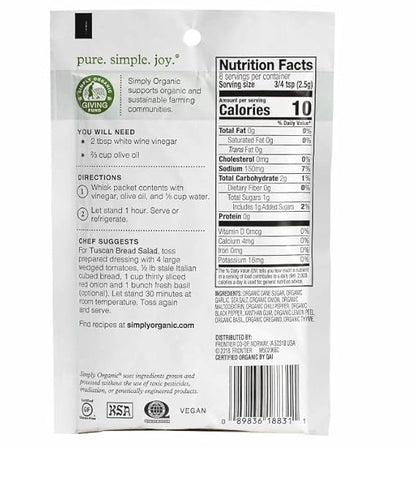 Simply Organic Italian Dressing Mix, 0.7 oz. 12-Pack, Basil, Thyme & Oregano Italian Salad Dressing Certified Organic