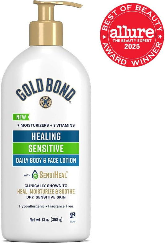 Gold Bond Healing Sensitive Daily Body & Face Lotion for Women & Men, 13 oz | Gold Bond lotion for body & face with aloe moisturizes, soothes dry, sensitive skin, healing lotion value size