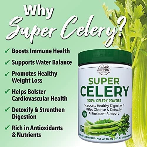 Country Farms Super Celery Powder, 100% Celery Powder, Supports Healthy Digestion, Helps Cleanse & Detoxify, Antioxidant Support, 40 Servings, 11.3 Ounce (Pack of 1)