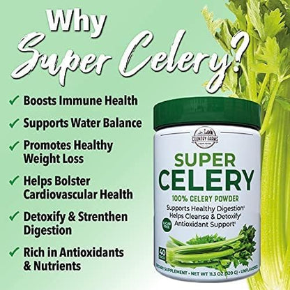 Country Farms Super Celery Powder, 100% Celery Powder, Supports Healthy Digestion, Helps Cleanse & Detoxify, Antioxidant Support, 40 Servings, 11.3 Ounce (Pack of 1)