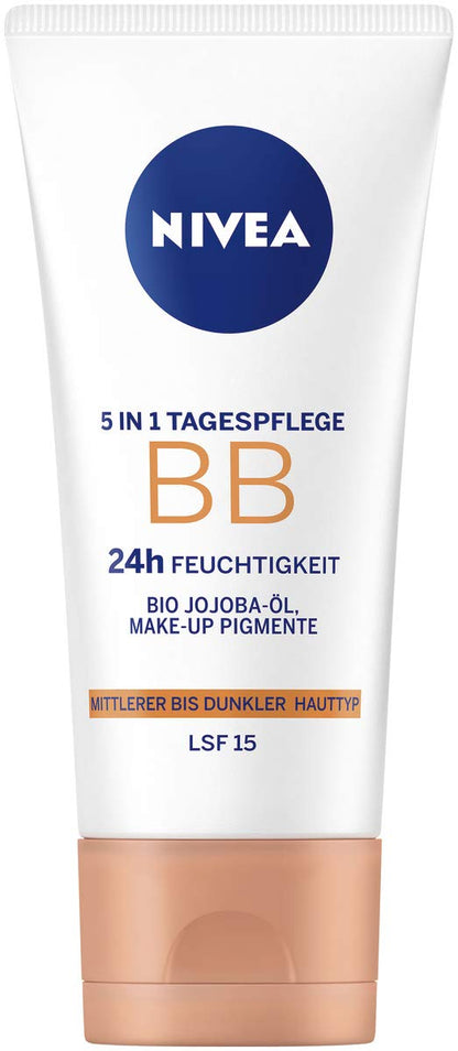 NIVEA BB Cream for Face, Hydrating Tinted Daily Moisturizer with Natural Coverage for Medium to Dark Skin Tones, Lightweight Skin-Perfecting Cream with Minerals, Jojoba Oil and Pro-Vitamin B5, 50 ml