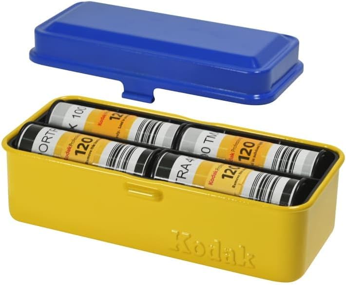 KODAK 120/135 Film Case - for 8 Rolls of 120 Films / 10 Rolls of 35mm Films - Retro Steel Case to Sort & Safeguard Film (Blue Top/Yellow Body)