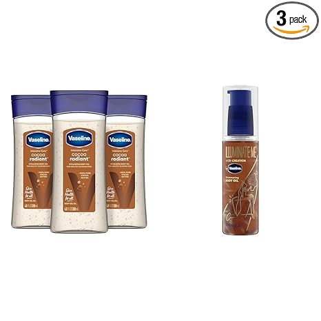 Vaseline Intensive Care Cocoa Radiant For Glowing Skin 3 Count Body Gel Oil Body Oil & Illuminate Me Shimmering Body Oil Created for Melanin Rich Skin