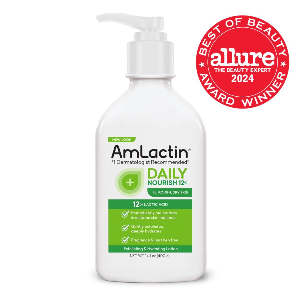 AmLactin Daily Nourish Therapeutic Body Lotion for Dry Skin - No-Scrub Exfoliator and Moisturizer 12% Lactic Acid Lotion,14.1 oz (Packaging May Vary),(Pack of 2)