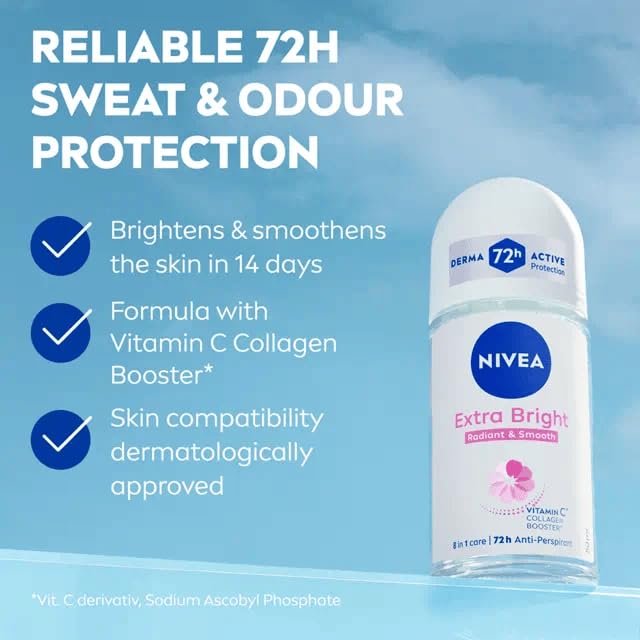 NIVEA Extra Bright 8 Super Food Vitamin C Collagen Booster Underarm Roll-On Deodorant, Alcohol-Free, 72HR Odor Protection, Smooth & Bright Skin, 50ml, 1.69oz, Pack of 3