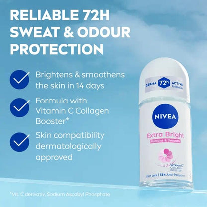 NIVEA Extra Bright 8 Super Food Vitamin C Collagen Booster Underarm Roll-On Deodorant, Alcohol-Free, 72HR Odor Protection, Smooth & Bright Skin, 50ml, 1.69oz, Pack of 3