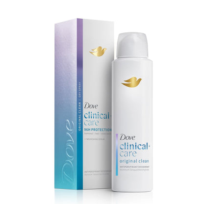Dove Clinical + Care Antiperspirant Deodorant Dry Spray for Women, 96H Clinical Strength Sweat & Odor Protection, With Nourishing Serum, Original Clean with Fresh Scent, 3.8 oz