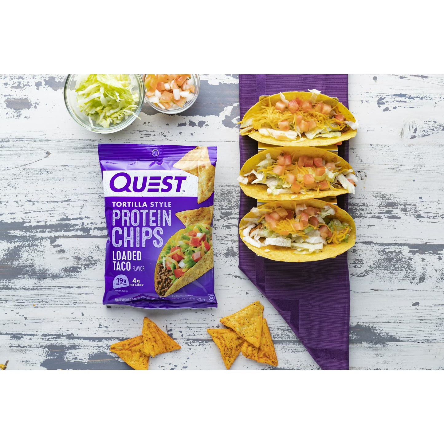 Quest Tortilla Style Protein Chips with 19g of Protein, Loaded Taco Flavor, 1.1 Oz Bags, 8 Count