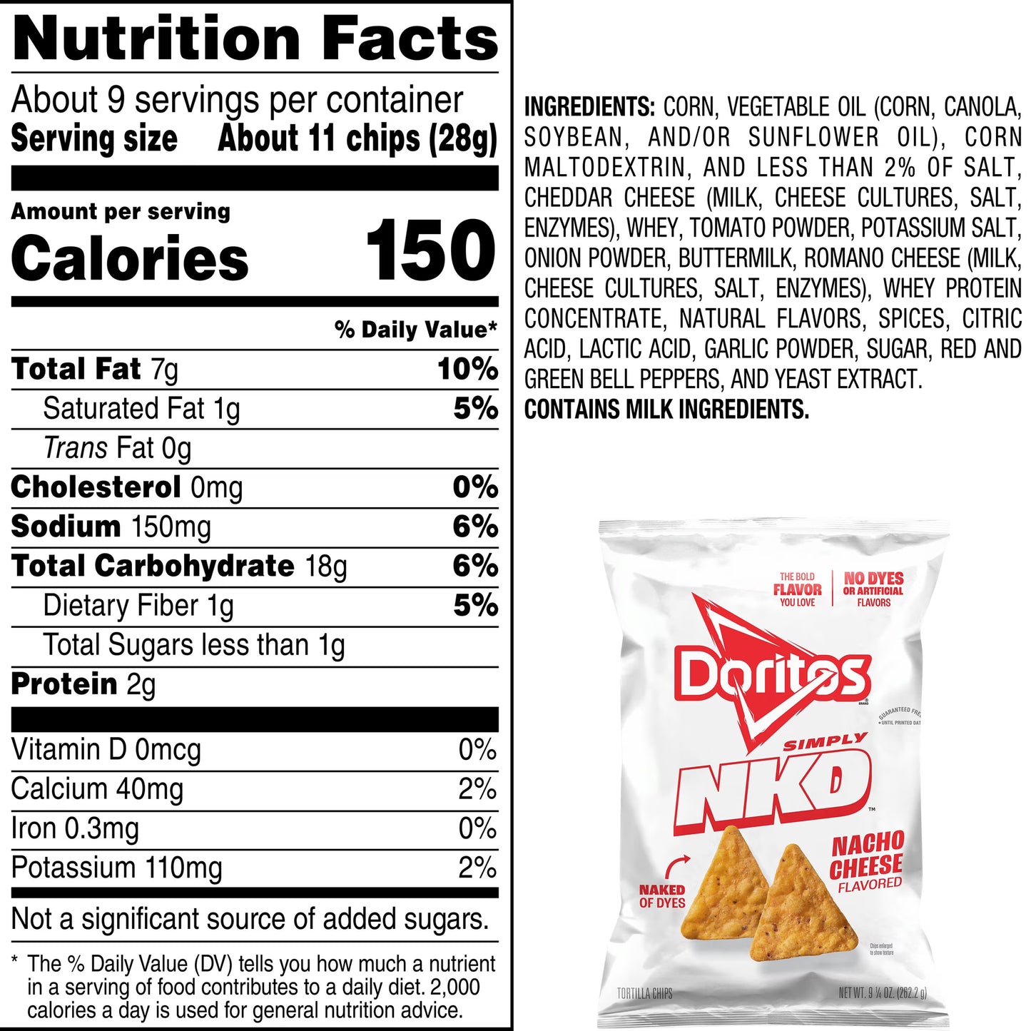 Doritos Simply NKD No Dyes No Artificial Flavors Nacho Cheese Tortilla Chips Bag, 9.25 oz