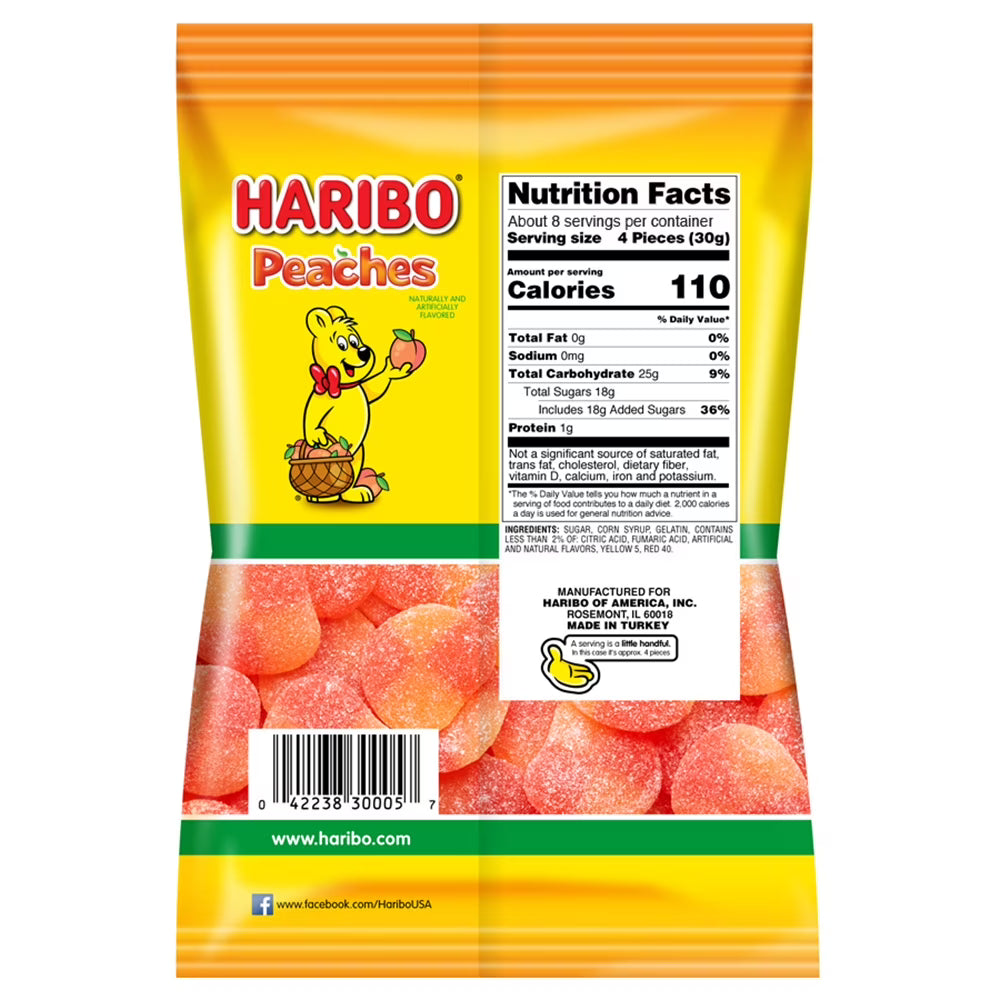 HARIBO Peaches Gummies Fruity Peach Flavor Gummy Candy, 8 oz, Share Size Bag