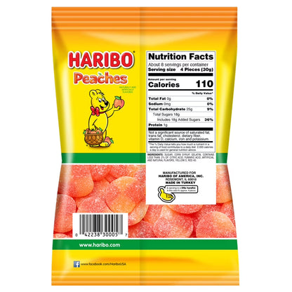 HARIBO Peaches Gummies Fruity Peach Flavor Gummy Candy, 8 oz, Share Size Bag