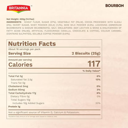 Britannia Bourbon Cappuccino Flavoured Crème Biscuits, Chocolate Sandwich Cookies with Coffee Cream Filling, 400g (14.11 oz)