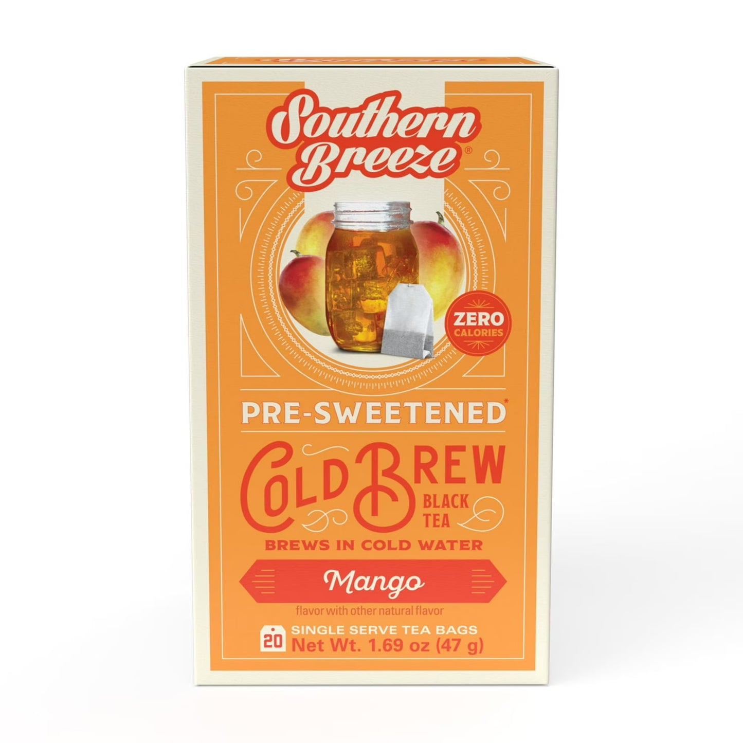 Southern Breeze Cold Brew Sweet Tea Mango Iced Tea with Black Tea and Zero Carbs Zero Sugar, 20 Individually Wrapped Tea Bags Southern Sweet Tea Iced Tea Beverage