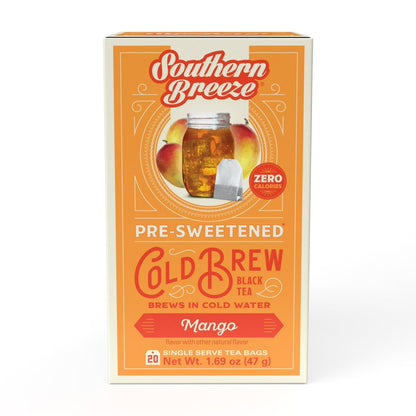 Southern Breeze Cold Brew Sweet Tea Mango Iced Tea with Black Tea and Zero Carbs Zero Sugar, 20 Individually Wrapped Tea Bags Southern Sweet Tea Iced Tea Beverage