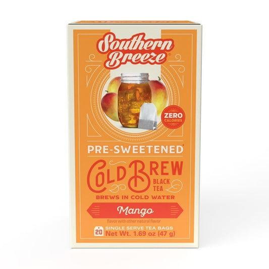 Southern Breeze Cold Brew Sweet Tea Mango Iced Tea with Black Tea and Zero Carbs Zero Sugar, 20 Individually Wrapped Tea Bags Southern Sweet Tea Iced Tea Beverage