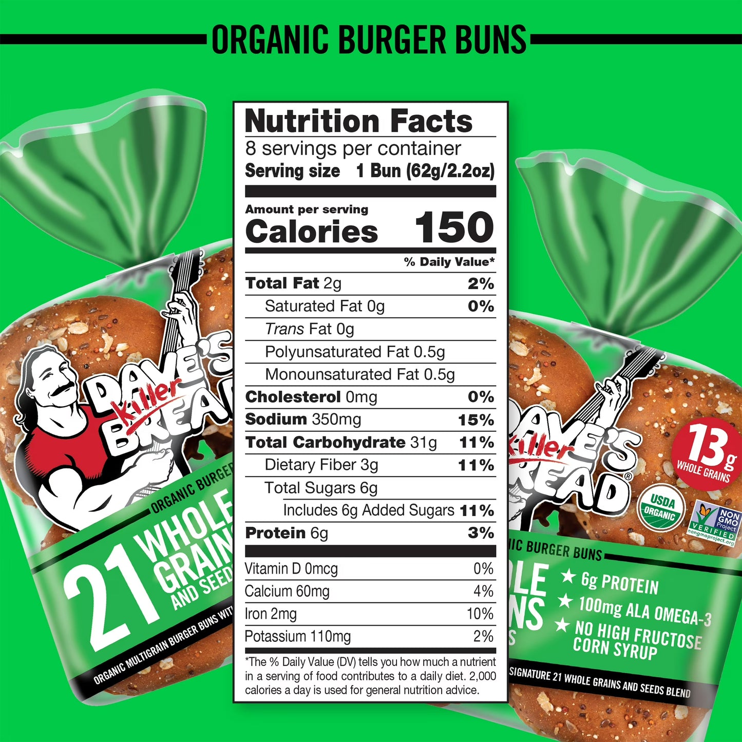 Dave's Killer Bread 21 Whole Grains and Seeds Organic Hamburger Buns, 8 Count, Shelf-Stable
