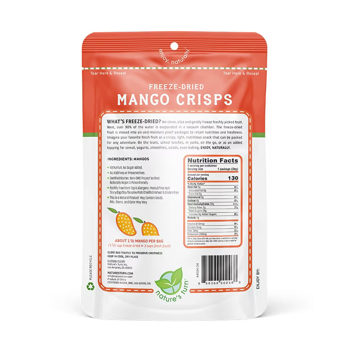 Nature’s Turn Freeze-Dried Mango Crisps, No Added Sugar, Healthy Natural Fruit Crisp Snack for School Lunches, 2 Pack (1.2 oz Each)