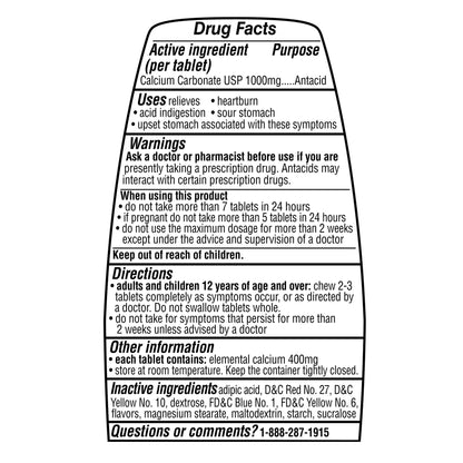 Equate Calcium Carbonate Ultra Strength Chewable Antacid Tablets, Assorted Fruit, 1000 mg, 72 Count