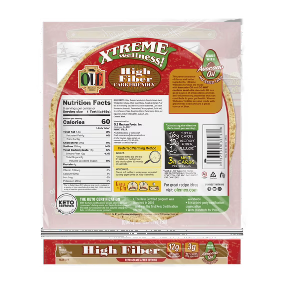 Olé Mexican Foods Xtreme Wellness High Fiber Keto Certified Flour Tortilla Wraps, 12.7 oz, 8 Count