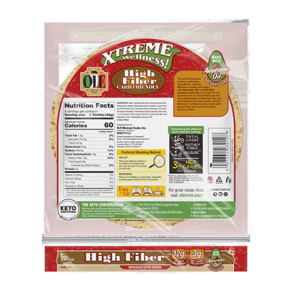 Olé Mexican Foods Xtreme Wellness High Fiber Keto Certified Flour Tortilla Wraps, 12.7 oz, 8 Count