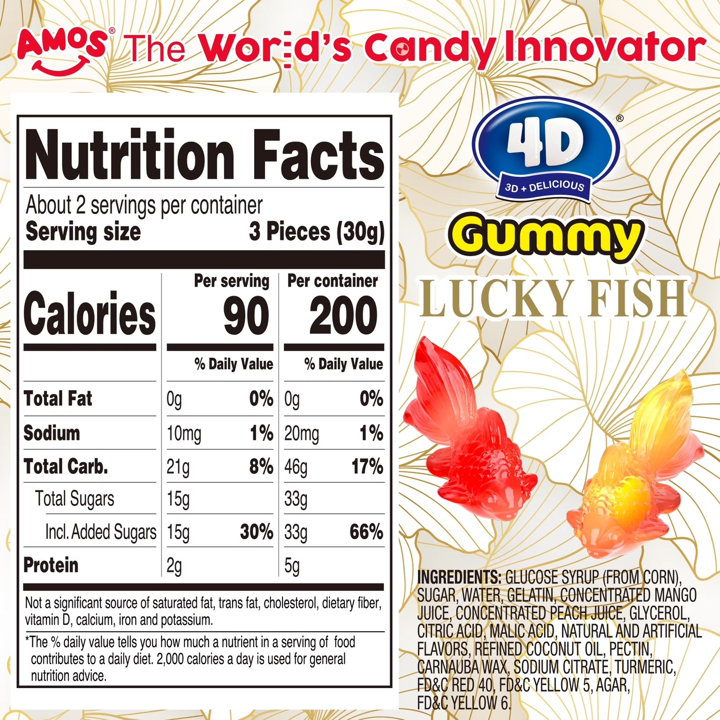 AMOS 4D Gummy Golden Fish Peach & Mango Candy, Made with Real Fruit Juice 2.29 oz (Pack of 4)