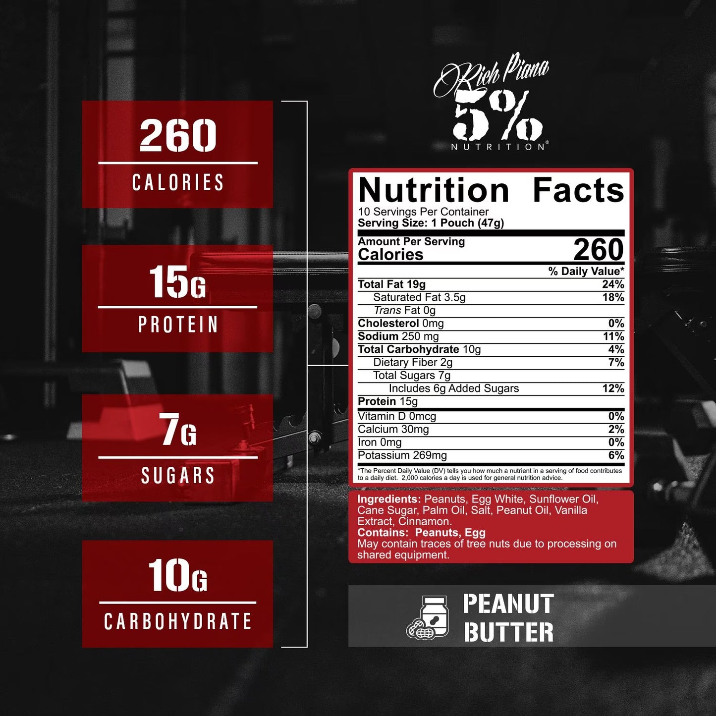 5% Nutrition Rich Piana Snack Time, High Protein Squeezable Pouches, Peanut & Egg White Blend - 10Ct (Peanut Butter)