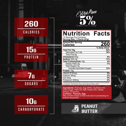 5% Nutrition Rich Piana Snack Time, High Protein Squeezable Pouches, Peanut & Egg White Blend - 10Ct (Peanut Butter)