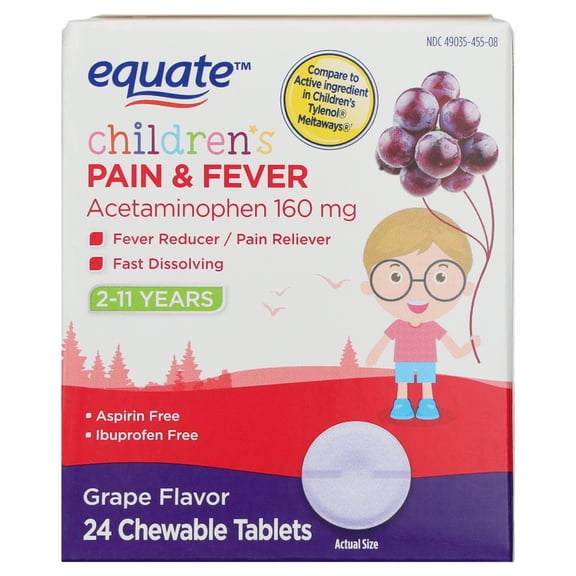 Equate Children's Pain & Fever Relief Acetaminophen Chewable Tablets, 160 mg, Grape Flavor, Ages 2 to 11 Years, 24 Count, Compare to Children's TylenolÂ Active Ingredient