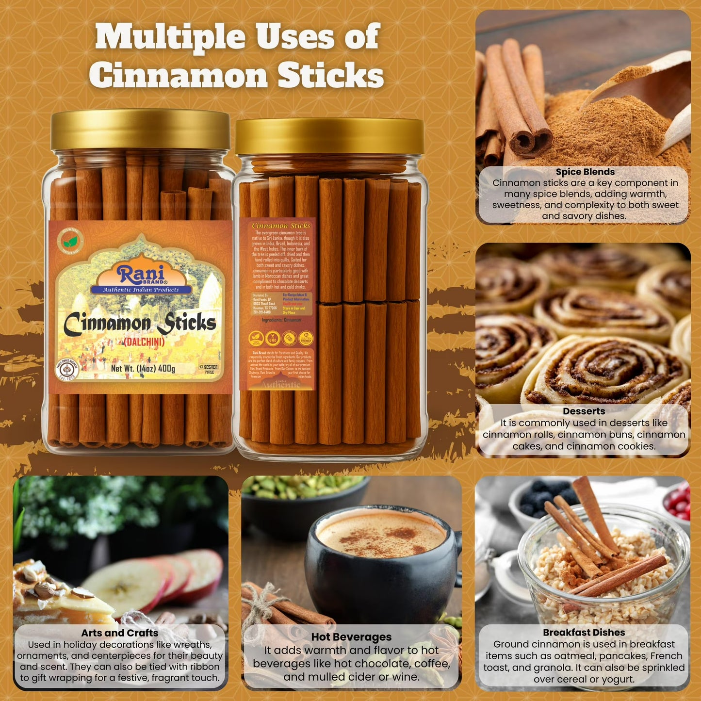 Rani Cinnamon Sticks 14oz (400g) PET Jar - 72-88 Sticks - Strong Aroma, Perfect for Baking, Cooking & Beverages | 3+ Inches Length - Cassia Saigon Cinnamon from Vietnam | Kosher