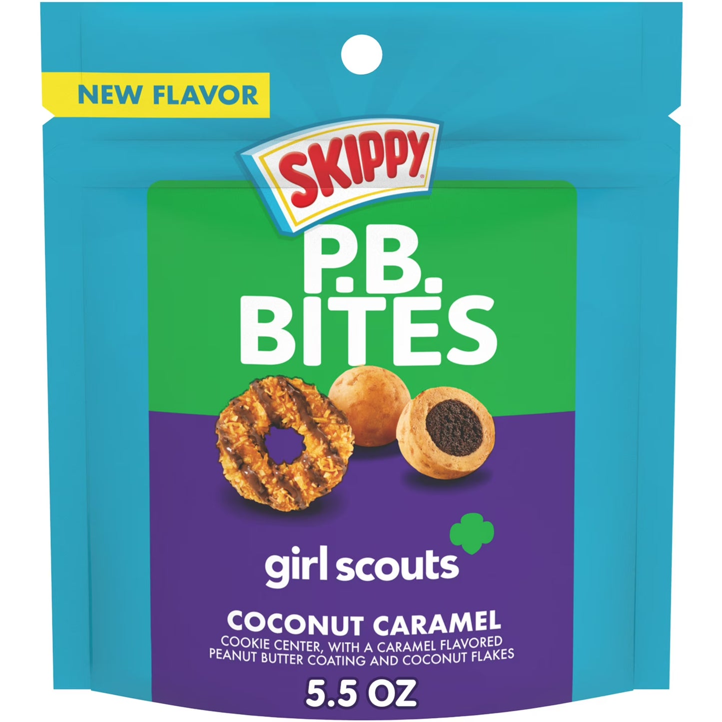 SKIPPY PB Bites Girl Scout Coconut Caramel Snack, Shelf-Stable, 5.5 oz Plastic Resealable Pouch