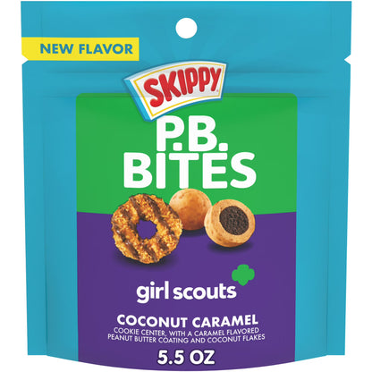 SKIPPY PB Bites Girl Scout Coconut Caramel Snack, Shelf-Stable, 5.5 oz Plastic Resealable Pouch