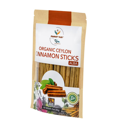 Premium Organic Ceylon Cinnamon Sticks - 2 oz (56g), Grade Alba, True Ceylon, USDA Certified, Non-GMO, Gluten-Free, Pure Sri Lankan Cinnamon for Cooking, Baking and Brewing.