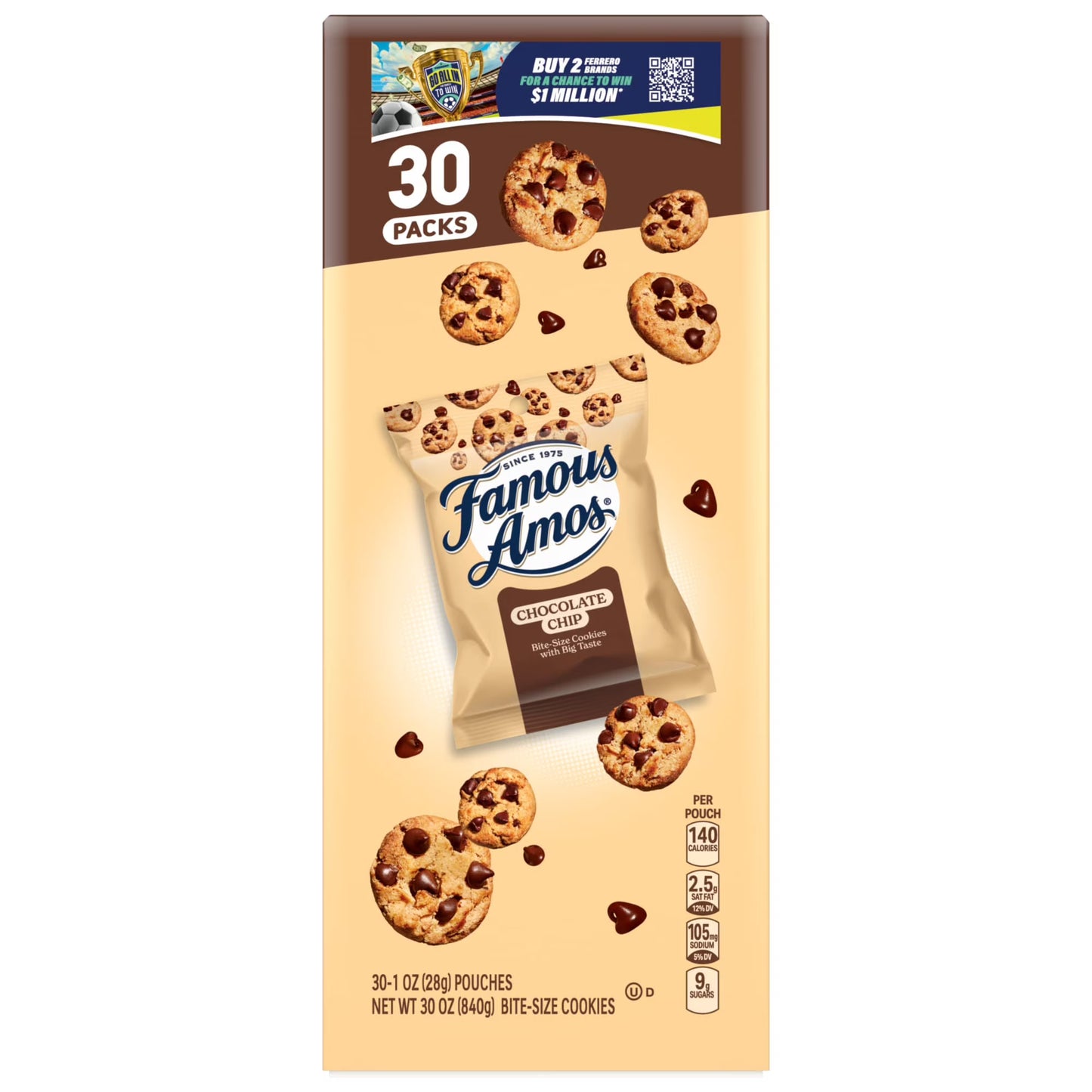 Famous Amos Classic Chocolate Chip Cookies, Bite-size cookies, Sweet Treats, 30 Pack Box, 1 oz Bag