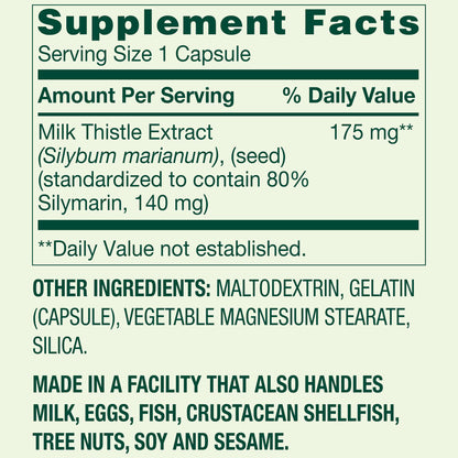 Spring Valley Standardized Extract Milk Thistle Dietary Supplement Capsules, 175 mg, 180 Gelatin Capsules