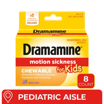 Dramamine Kids Chewable, Motion Sickness Relief, Grape Flavor, 8 Count