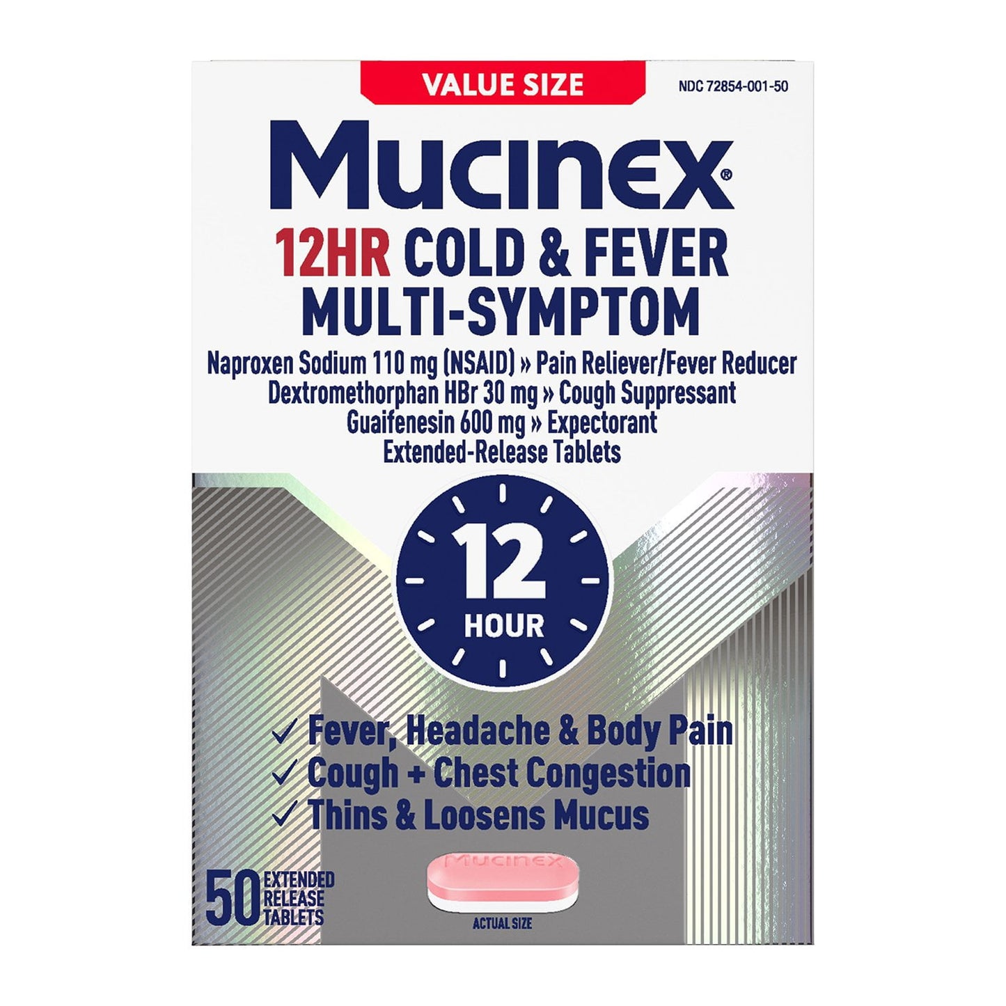 Mucinex 12 Hour Cold and Flu Medicine for Adults, 50 Tablets